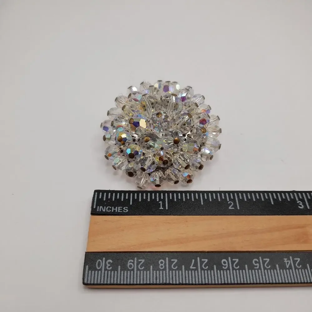 Vintage AB Crystal Beaded Brooch Clear Aurora Borealis Round 2 Inch 1960s